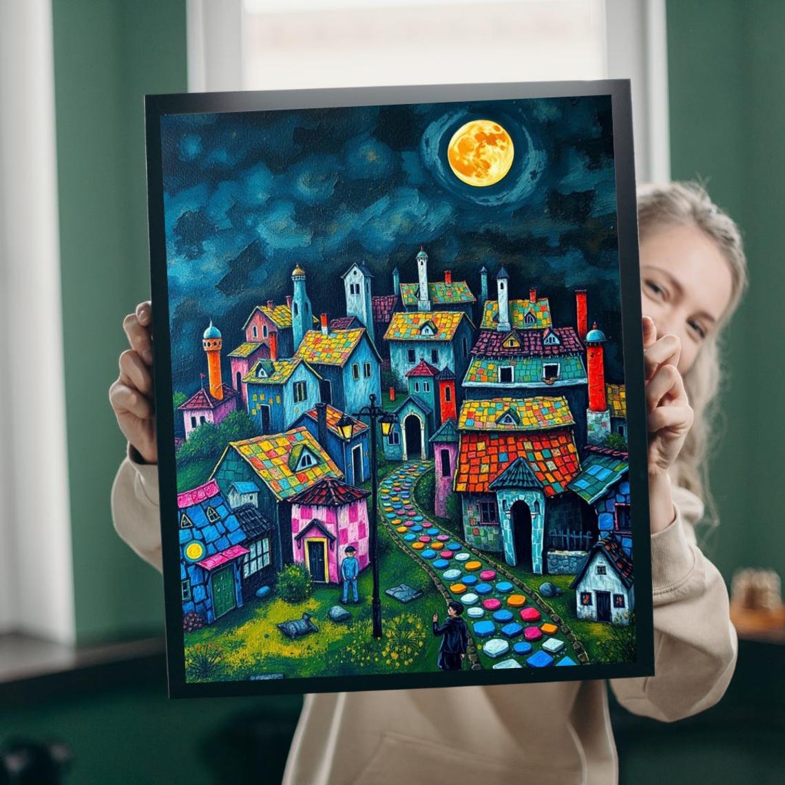 Whimsical Moonlit Village Colorful Houses Patchwork Path Art Poster
