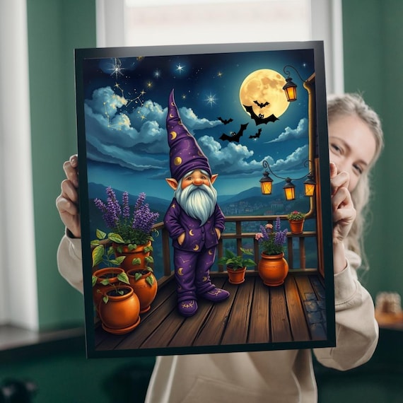 Wizard Gnome Moonlit Deck Halloween Bats Magic Night Wall Art