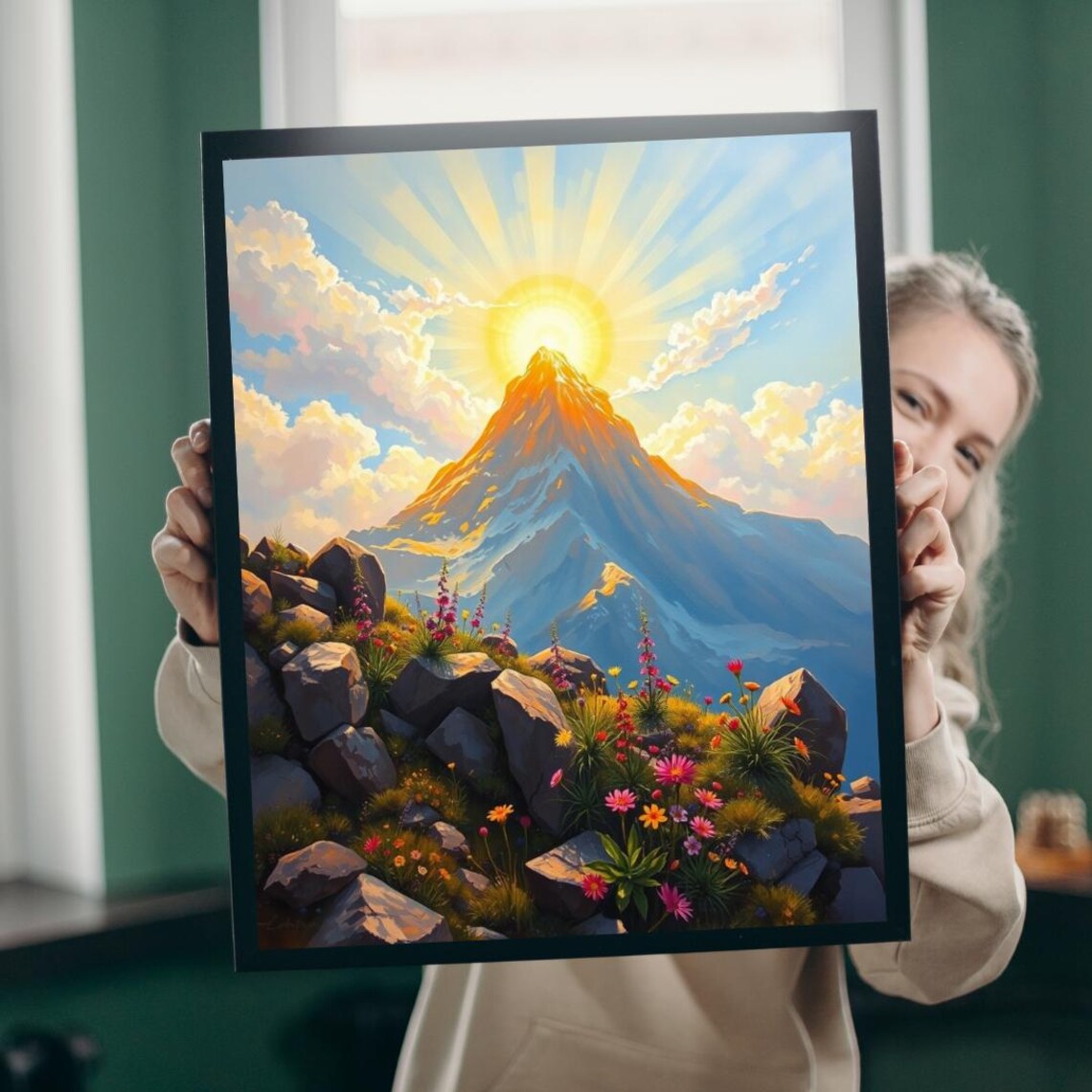 Golden Mountain Peak Sunrise Wildflowers Majestic Scene Poster