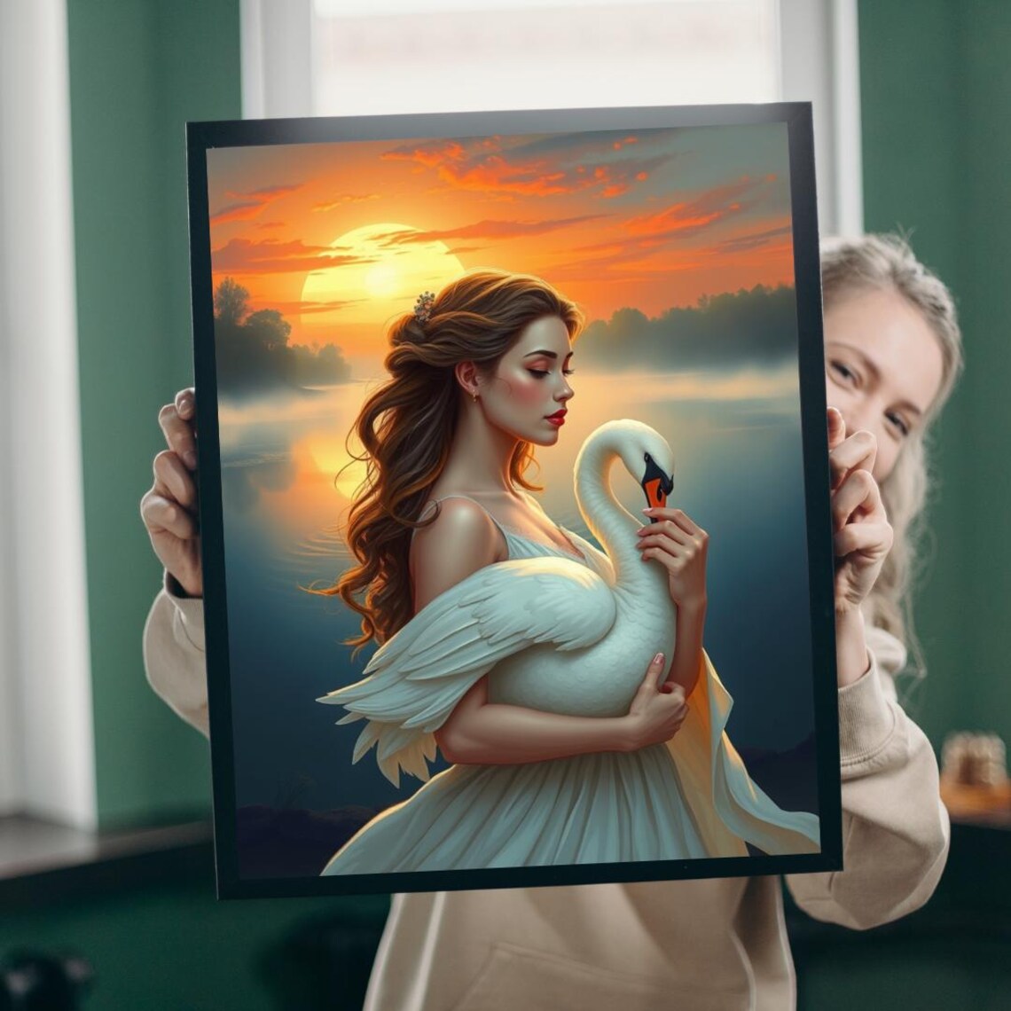 Woman Embracing White Swan Sunset Lake Romantic Elegant Art Print