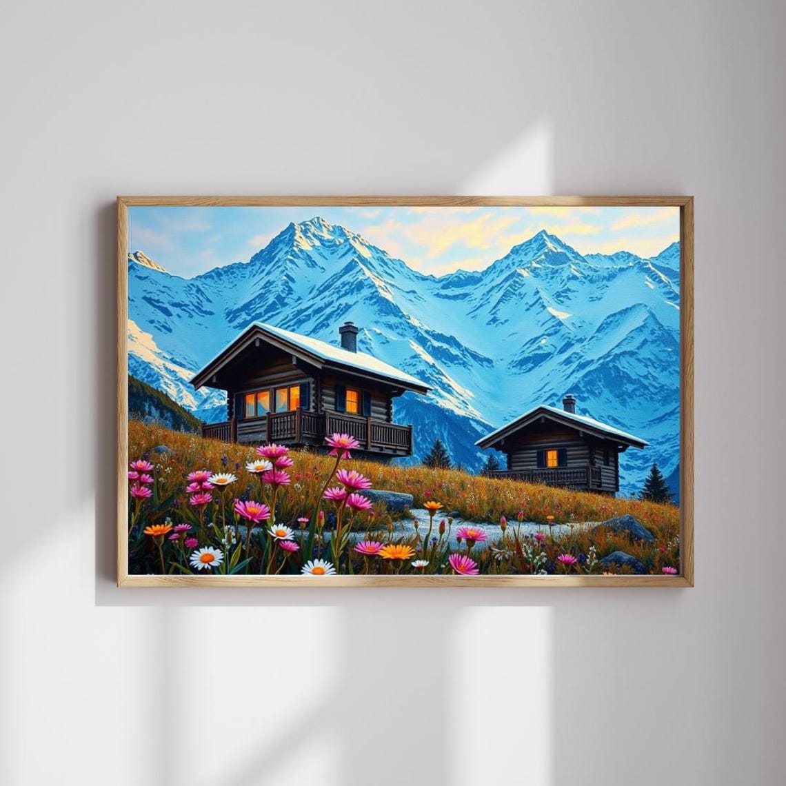 Snowy Alpine Chalet Cabins Wildflower Mountain Scene Art Poster