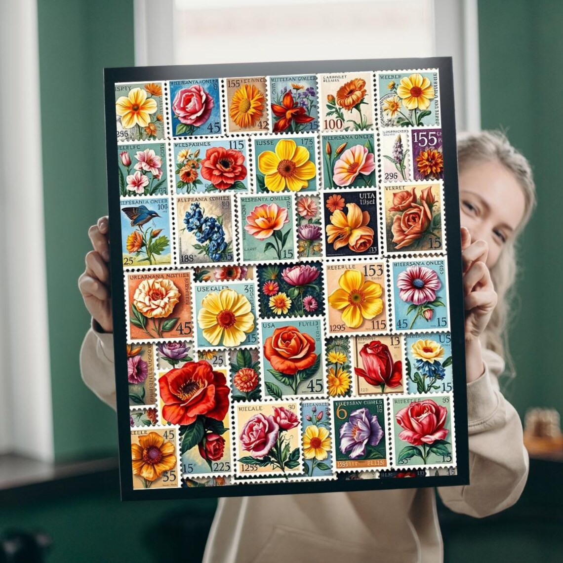 Floral Postage Stamp Jigsaw Puzzle Vintage Botanical Collage Art