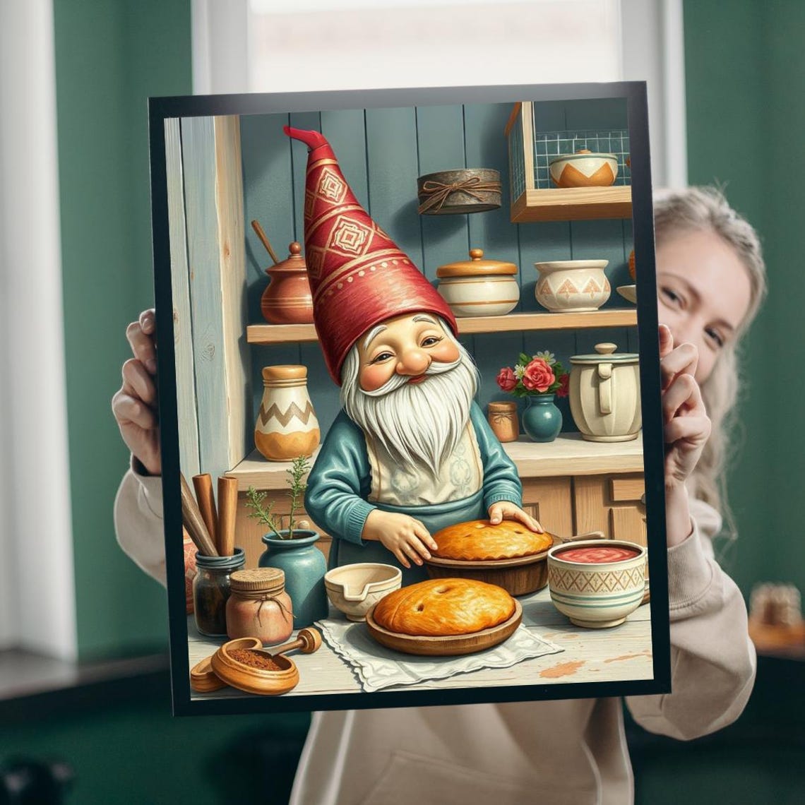 Cozy Gnome Baking Fresh Pies Rustic Kitchen Cute Storybook Wall Art