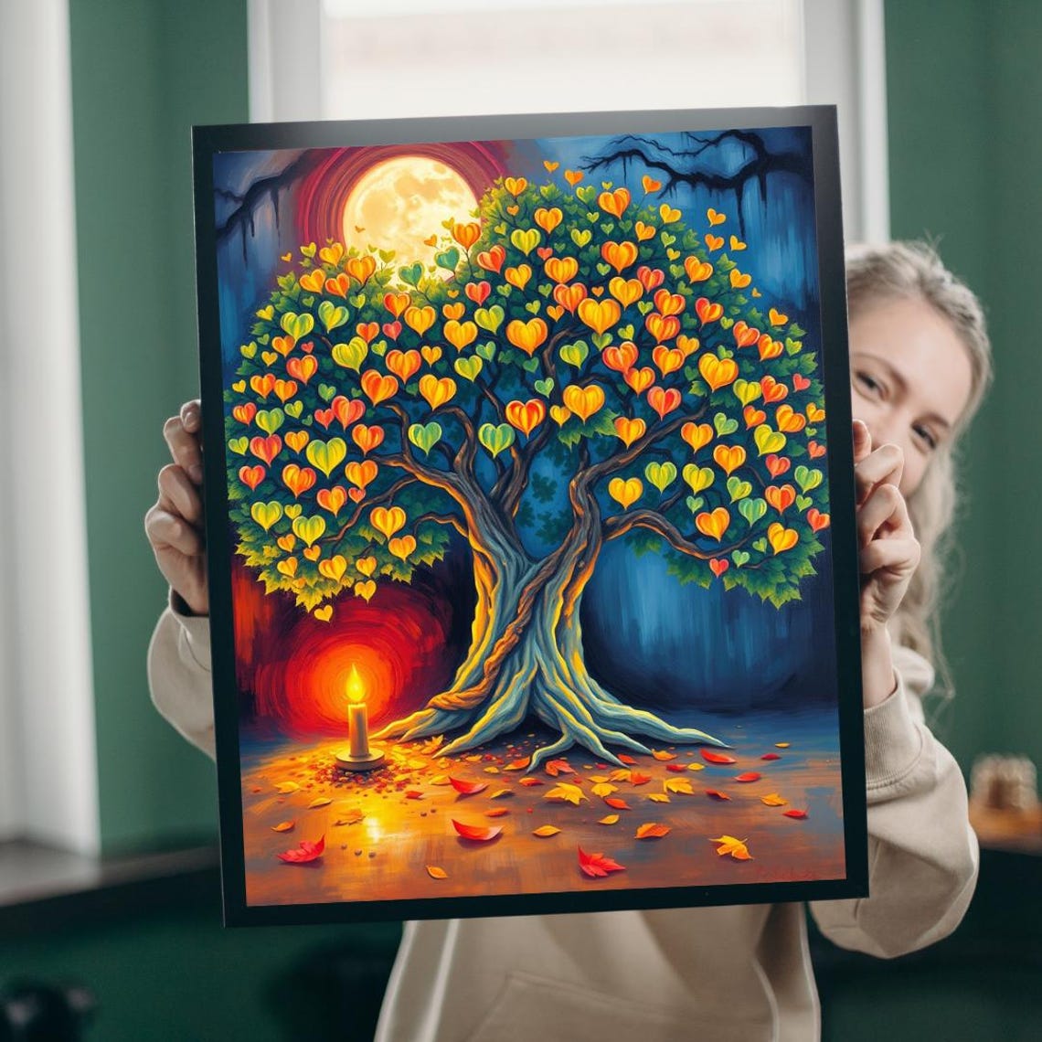 Bodhi Tree Heart Leaves Print Moonlit Meditation Tree Wall Decor