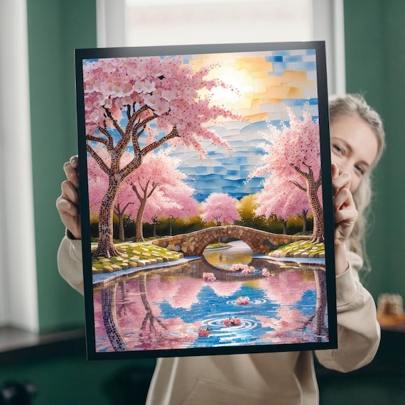 Cherry Blossom Mosaic With Stone Bridge Over Pond Art Poster
