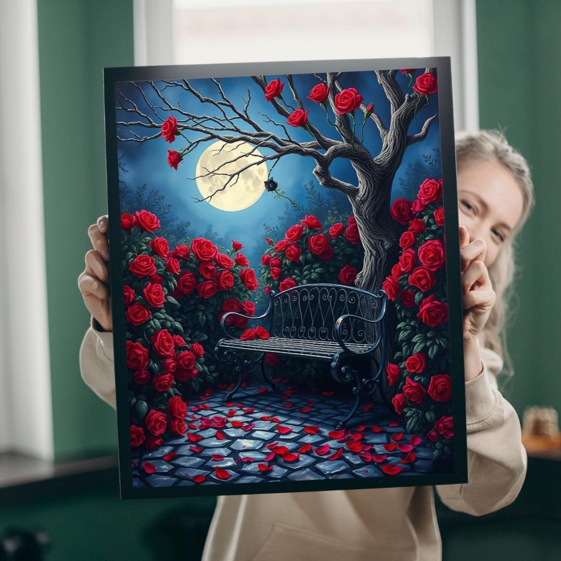 Moonlit Red Rose Garden Iron Bench Romantic Gothic Scene Poster