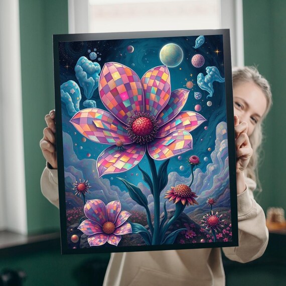 Cosmic Stained Glass Flower Celestial Garden Mosaic Art Print