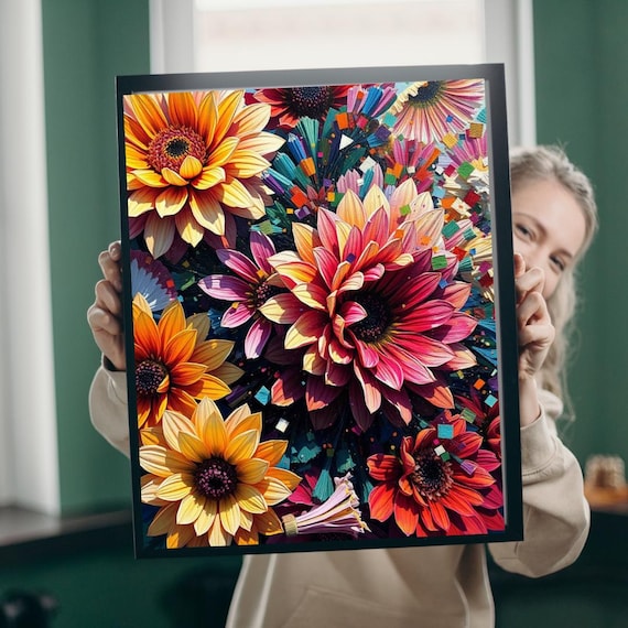 Vivid Sunflower Dahlia Mosaic Colorful Bold Flower Garden Art Poster