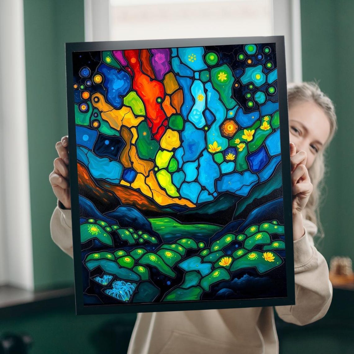 Rainbow Stained Glass Valley Luminous Abstract Landscape Poster