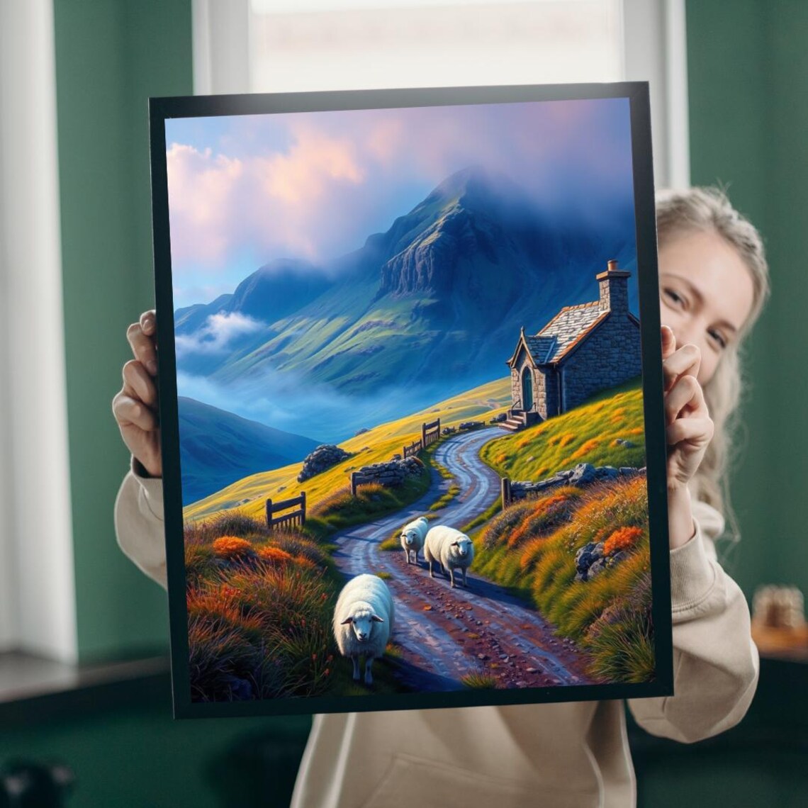 Sheep Country Road Stone Cottage Misty Mountain Hills Poster