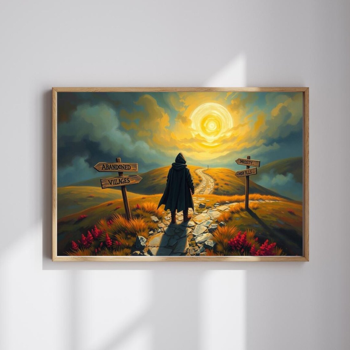 Hooded Traveler at Mystical Crossroads Golden Sky Art Poster
