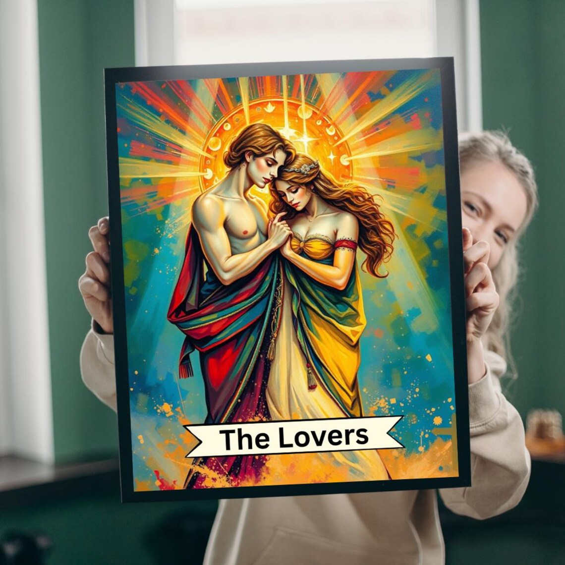 The Lovers Tarot Card Embracing Couple Radiant Sunburst Art Poster