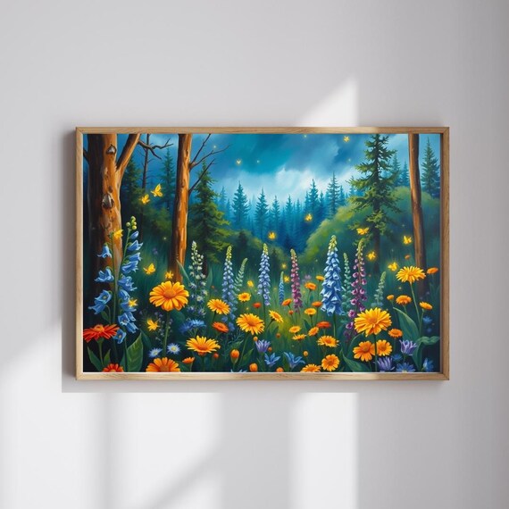 Firefly Forest Wildflower Meadow Pine Trees Night Glow Art Poster
