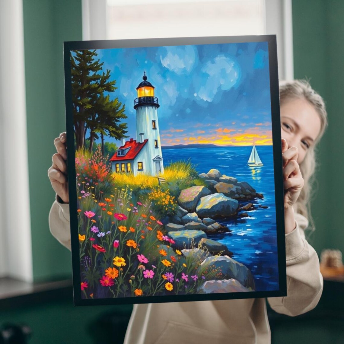 Lighthouse on Rocky Shore with Wildflowers and Sailboat Art Poster