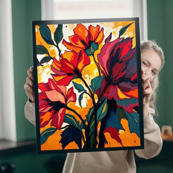 Bold Red Orange Floral Expressionist Painted Flower Canvas Art Poster
