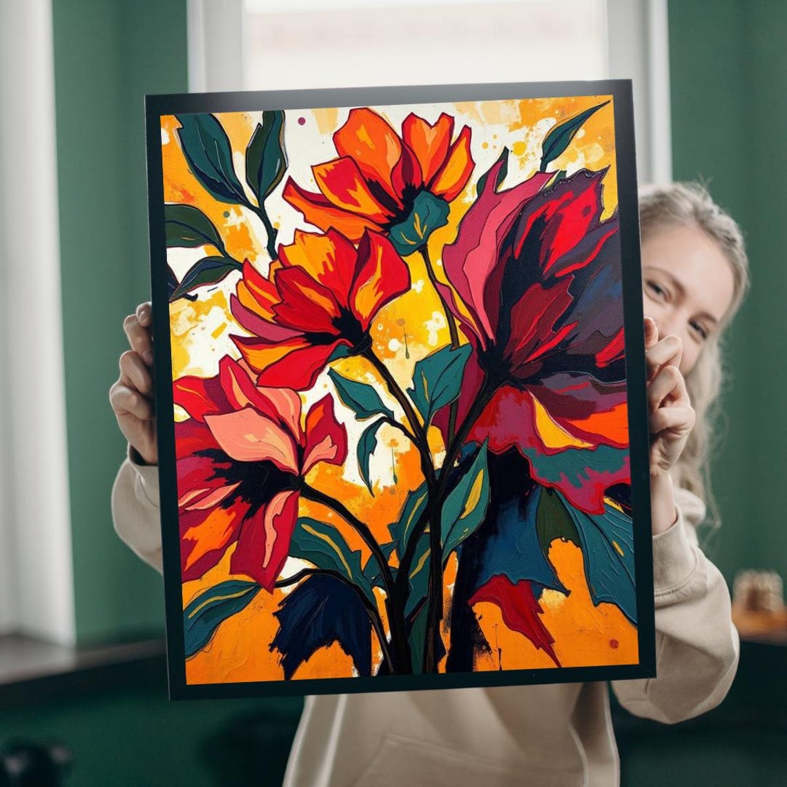 Bold Red Orange Floral Expressionist Painted Flower Canvas Art Poster