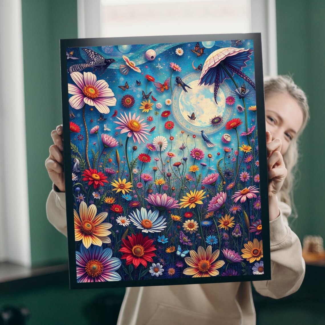 Moonlit Wildflower Garden Butterflies Blue Night Fantasy Art Print