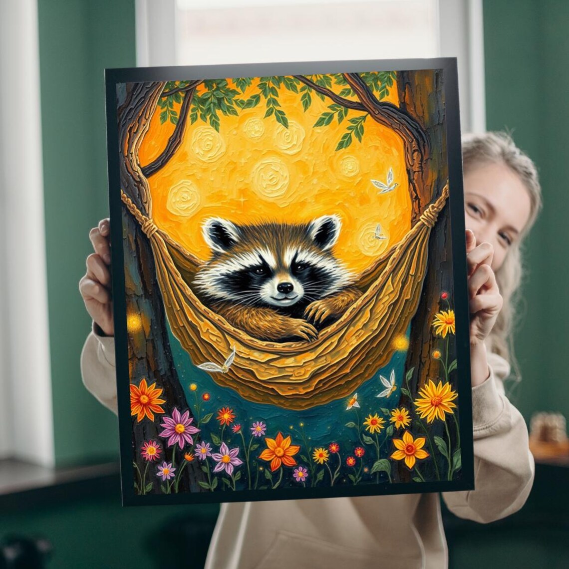 Cute Raccoon Resting in Hammock Golden Sunset Garden Art Poster