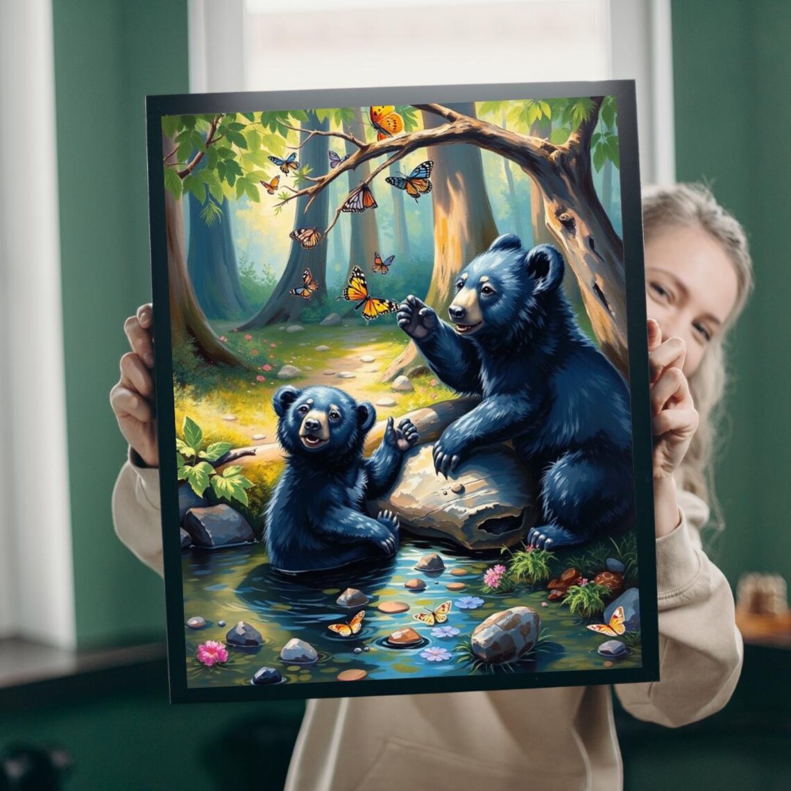 Baby Black Bears Stream Butterflies Forest Nursery Art Poster