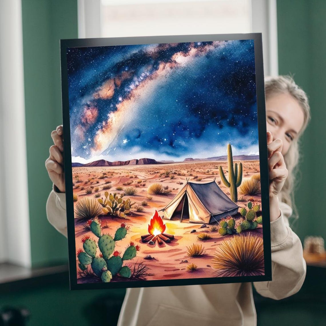 Desert Campfire Tent Milky Way Night Sky Starry Landscape Poster