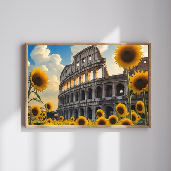 Rome Colosseum Surrounded By Giant Sunflowers Italy Travel Poster
