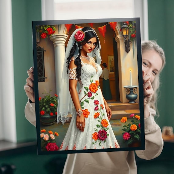 Mexican Bride In White Floral Embroidered Gown With Roses Art Poster
