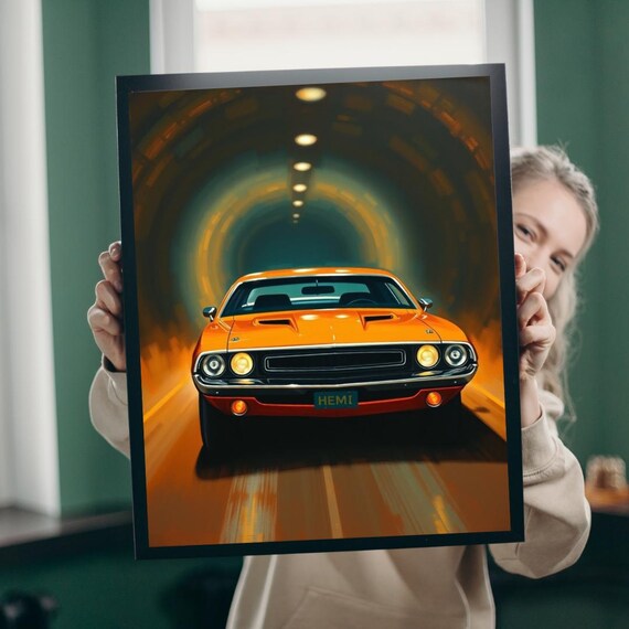 Orange Dodge Challenger R/T HEMI Muscle Car In Glowing Tunnel Poster