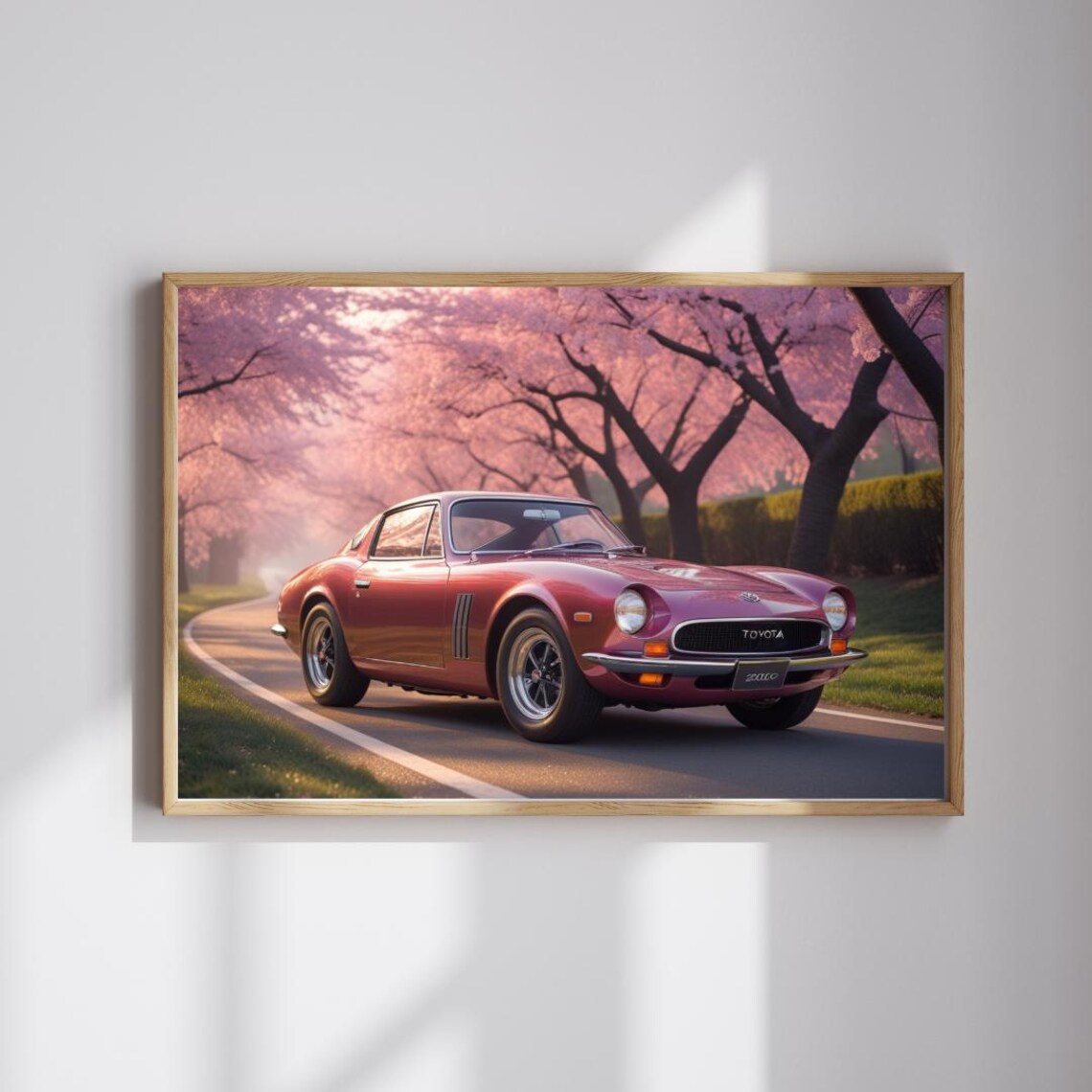 Red Toyota 2000GT Cherry Blossom Road Classic Car Art Poster
