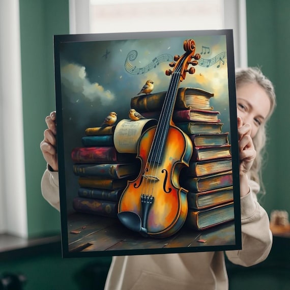 Violin Among Old Books with Songbirds Storybook Music Art Poster