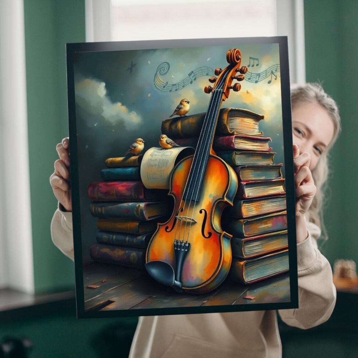 Violin Among Old Books with Songbirds Storybook Music Art Poster