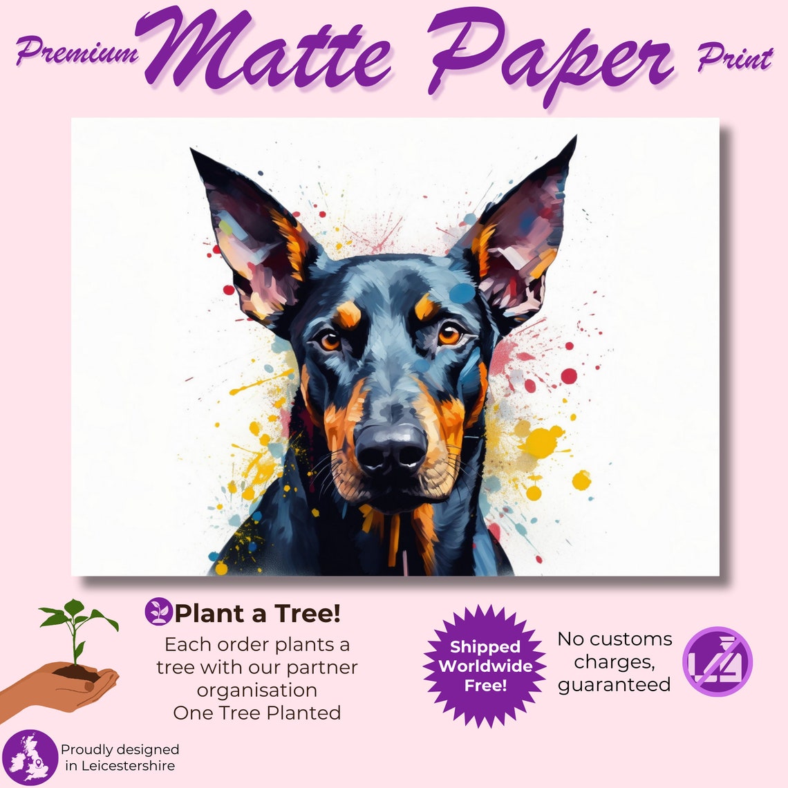 Dobermann Portrait Watercolour Splash Elegant Guard Dog Art Poster - Image 3