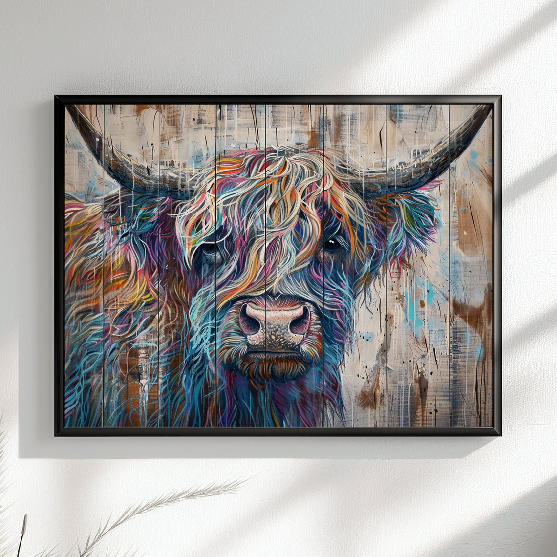 Highland Cow Pastel Rainbow Hair Distressed Wood Colourful Art Poster