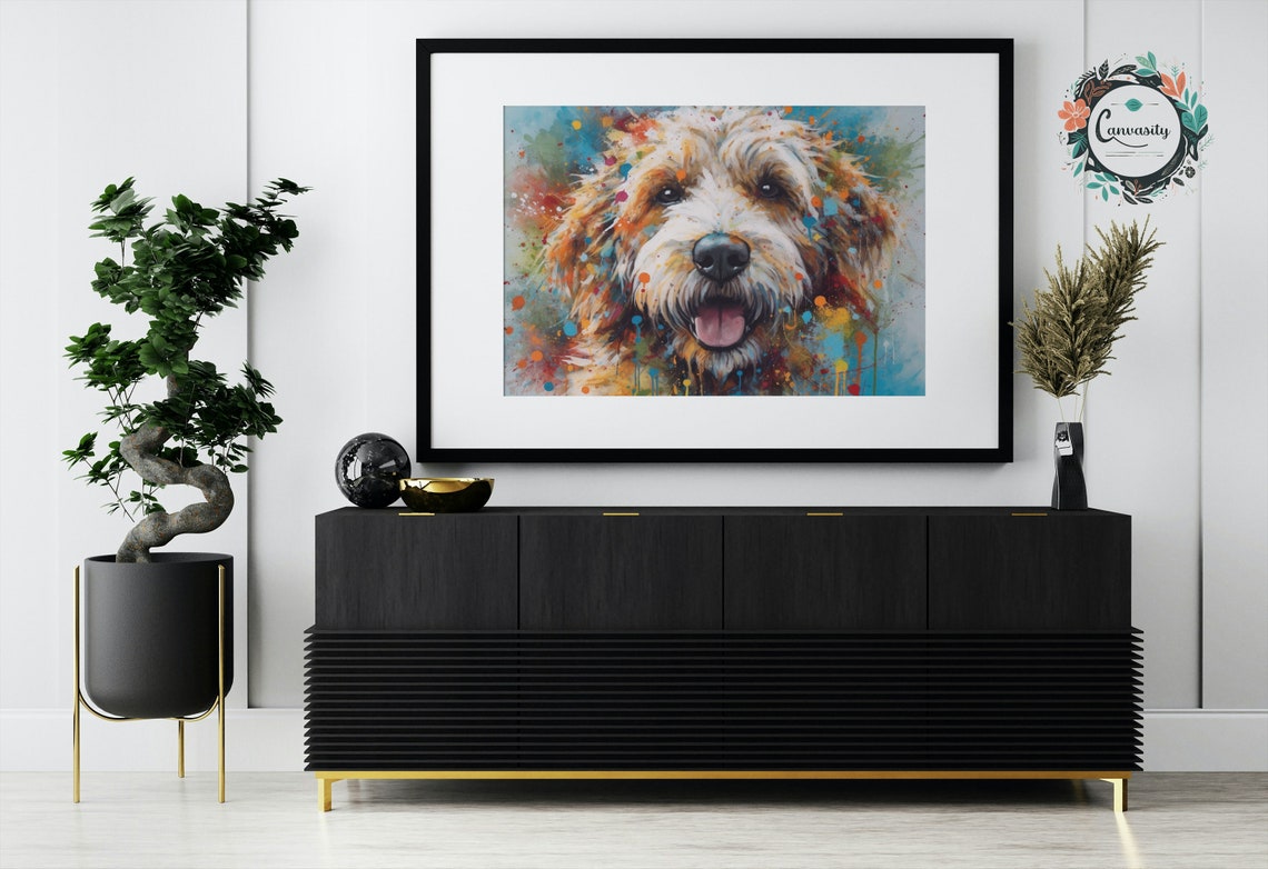 Happy Cream Doodle Dog Portrait With Rainbow Paint Splatter Art Poster - Image 3