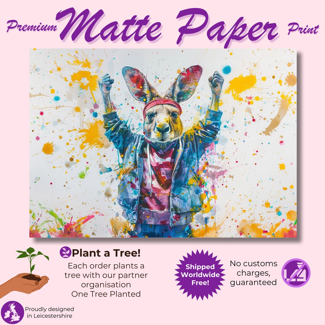 Cheering Kangaroo In Hoodie Fists Raised Paint Splash Fun Poster - Image 3
