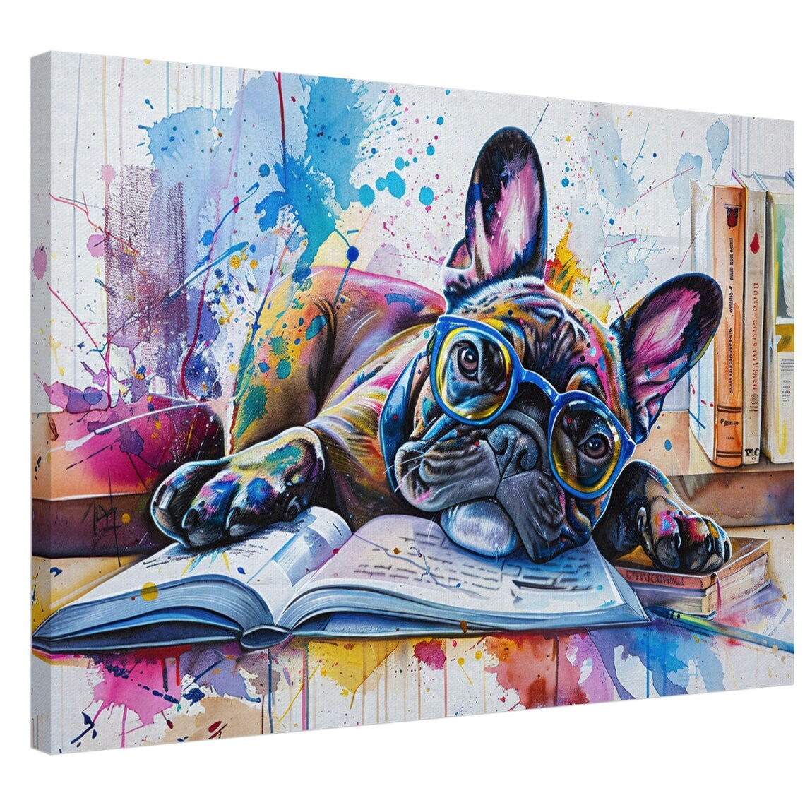French Bulldog Reading Book With Glasses Paint Splash Dog Poster