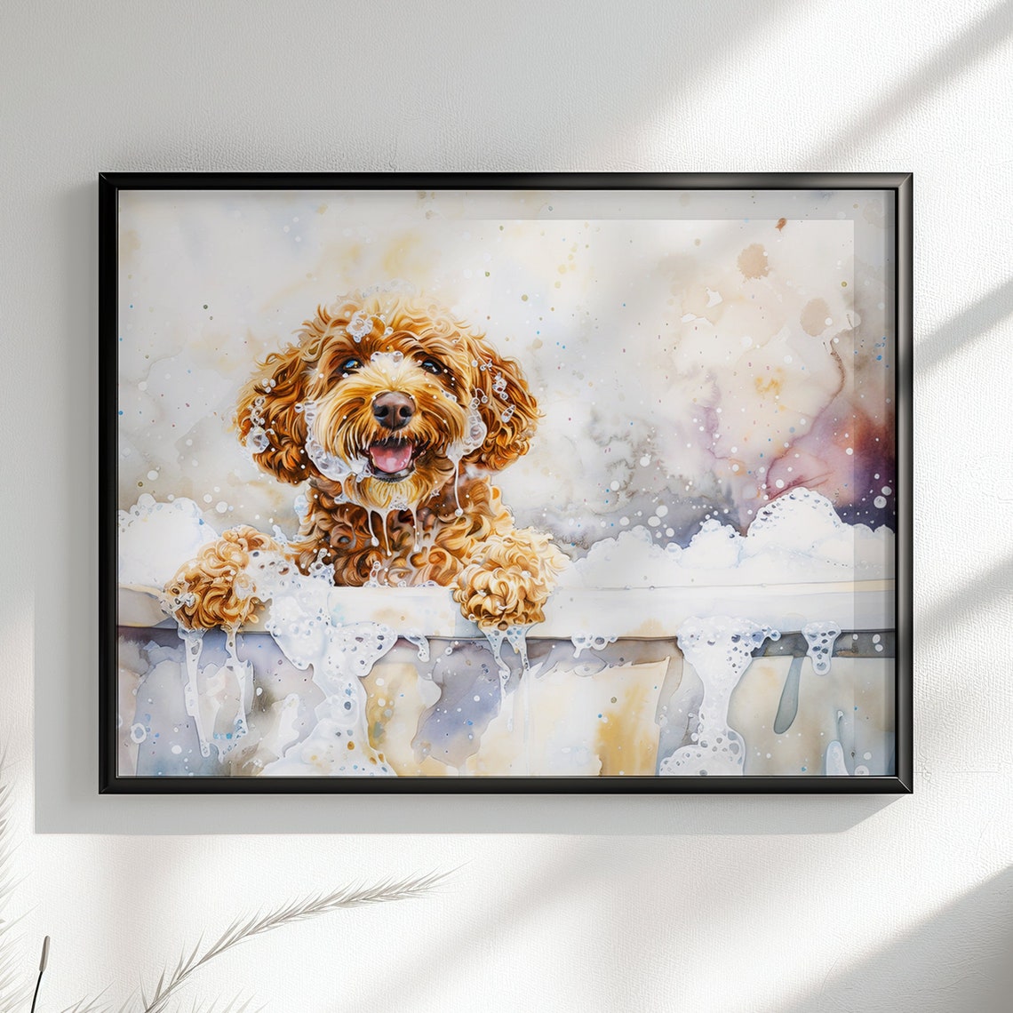 Cockapoo Puppy Bubble Bath Pastel Watercolour Dog Portrait Poster