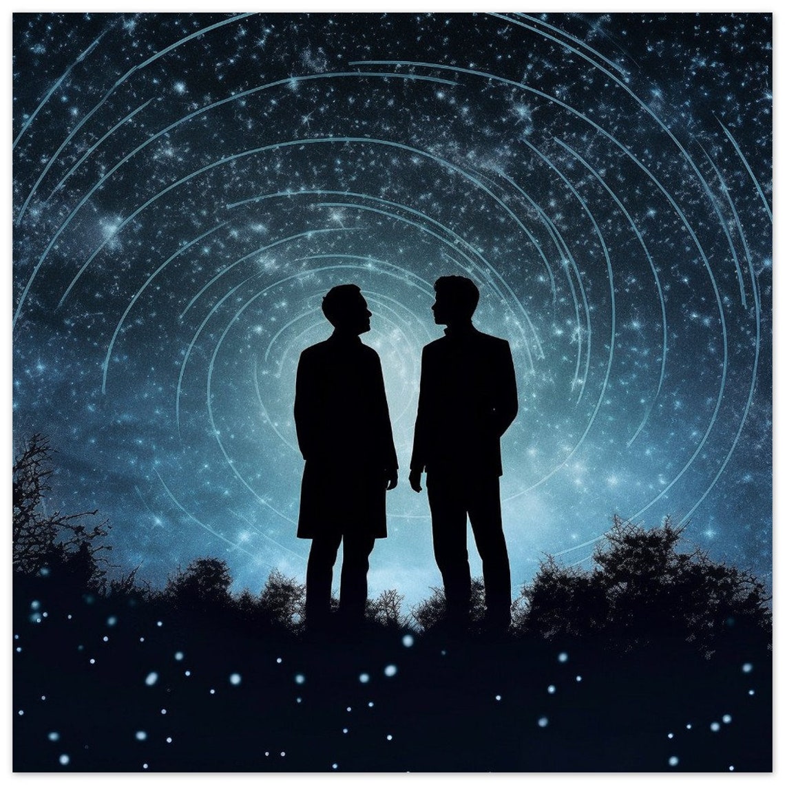 Two Men Silhouette Starry Night Rings Romantic LGBTQ Pride Love Poster - Image 3