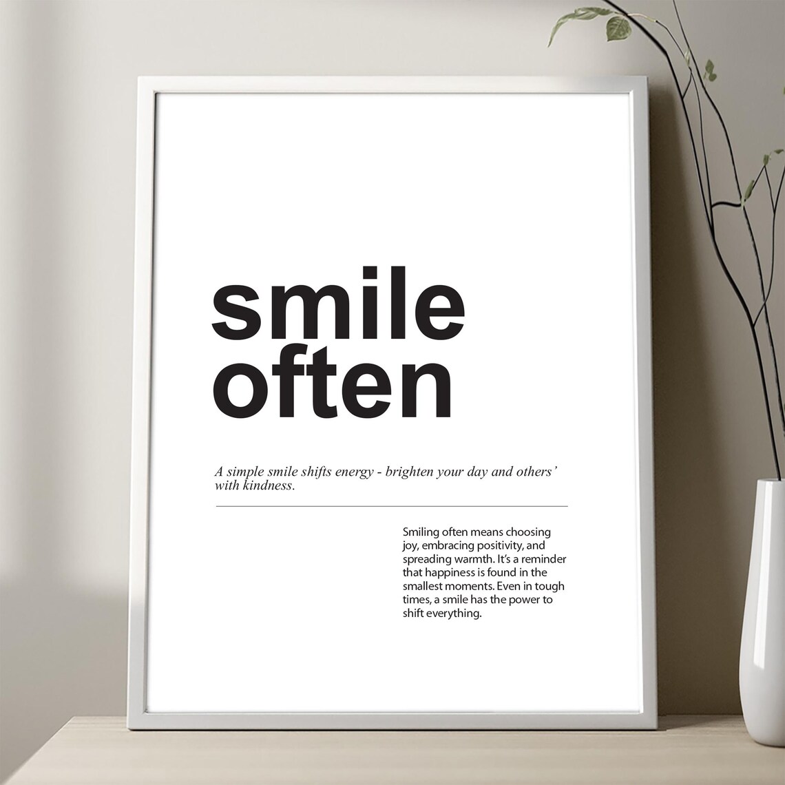 Smile Often Definition Print Quirky Minimalist Wall Art Black On White Or Chalkboard Background Uplifting Typography Unframed Poster