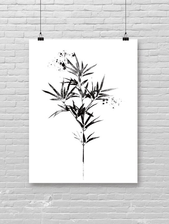 Black Ink Bamboo Branch Watercolor Zen Asian Minimal Botanical Poster