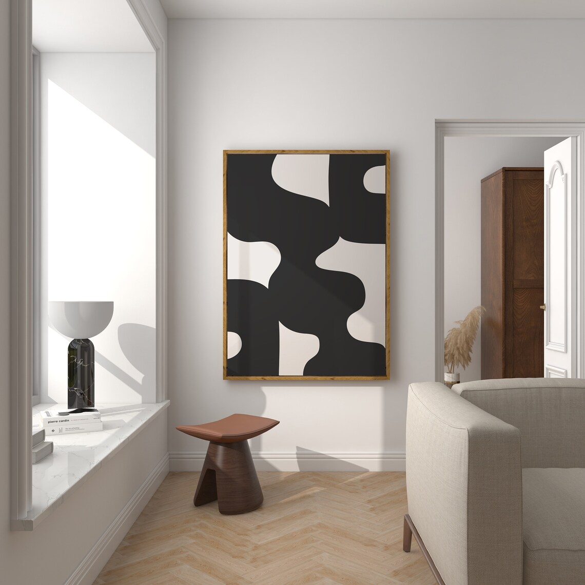 Midcentury Black Beige Organic Shapes Abstract Modern Wall Art - Image 3