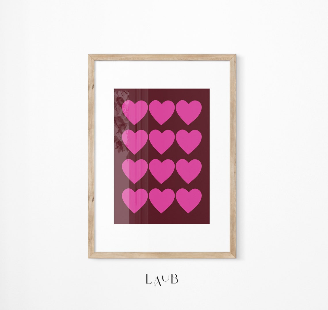 Fuchsia Pink Hearts Dark Red Modern Valentine Scandi Wall Art - Image 3