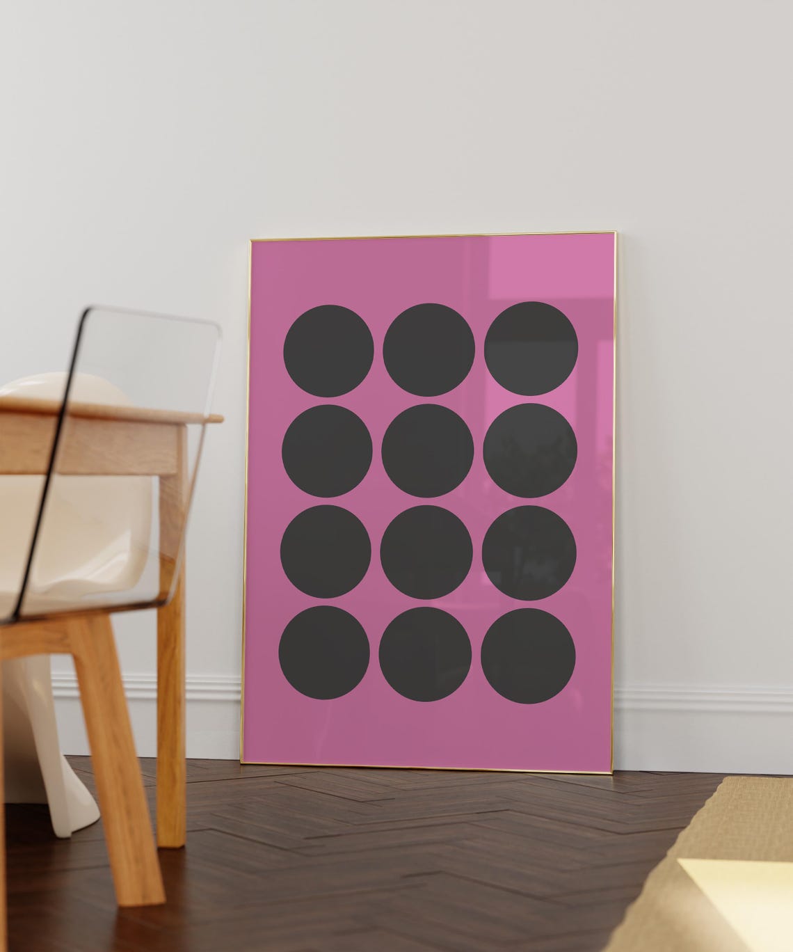 Black Circles Grid on Pink Retro Minimalist Geometric Art Poster - Image 3