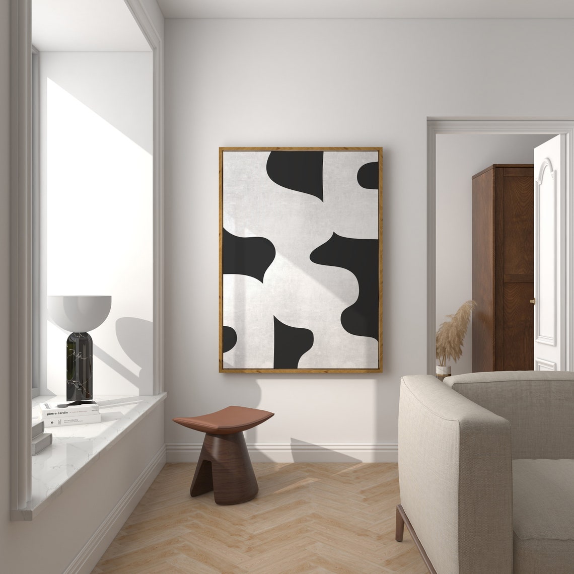 Black Organic Blobs on Soft Grey Mid Century Abstract Wall Art - Image 3