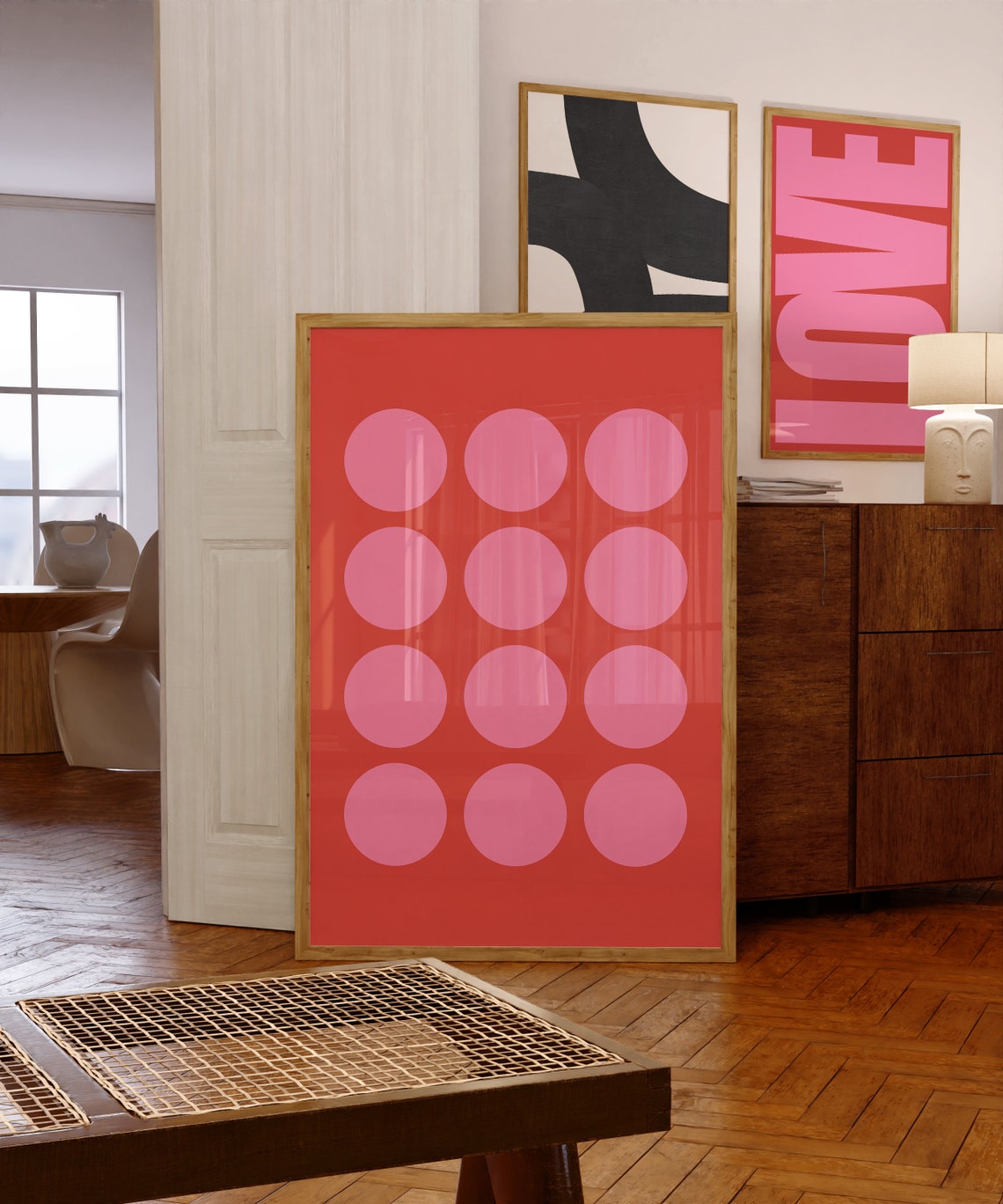 Mid Century Red Pink Circles Geometric Retro Modern Wall Art