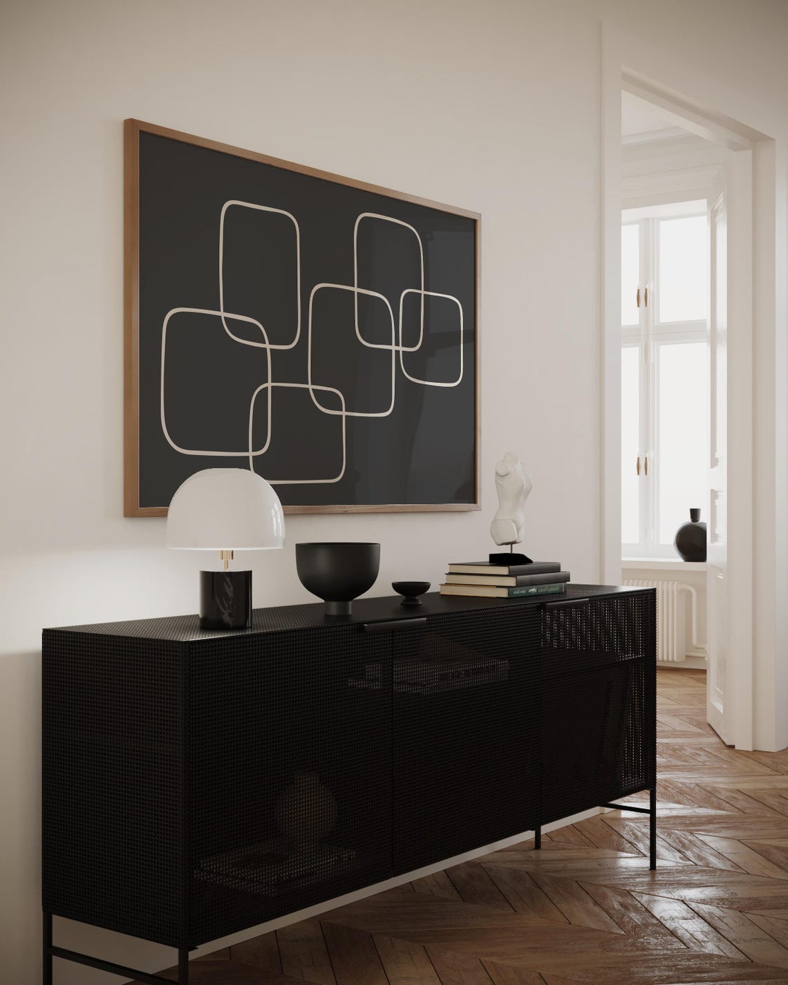 Interlinked Cream Squares on Charcoal Geometric Minimal Art Poster - Image 2