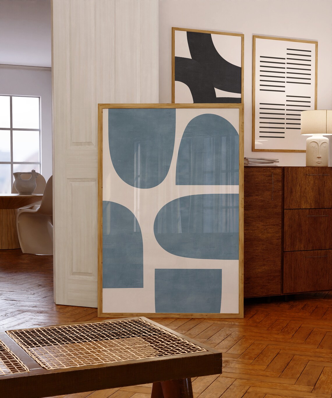 Minimalist Blue Light Beige Tones Mid-Century Poster - Image 2