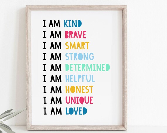 Affirmations for Kids I Am Kind Brave Smart Strong Colorful Classroom Poster