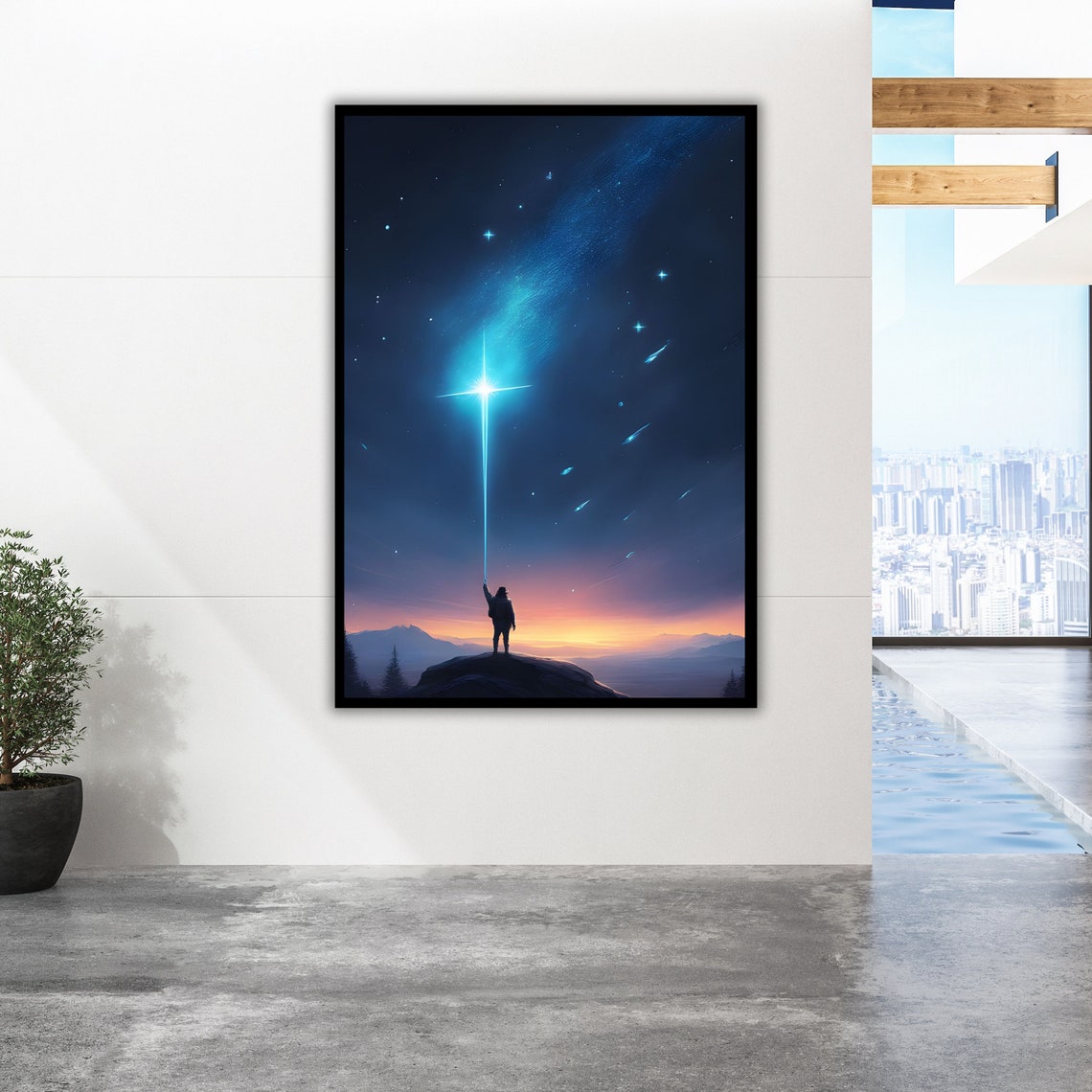 Starry Night Cross Beacon Mountain Figure Celestial Fantasy Art Poster - Image 2