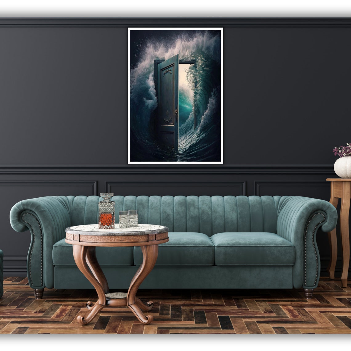Mystery Door Giant Ocean Wave Surreal Teal Water Dreamscape Poster - Image 2