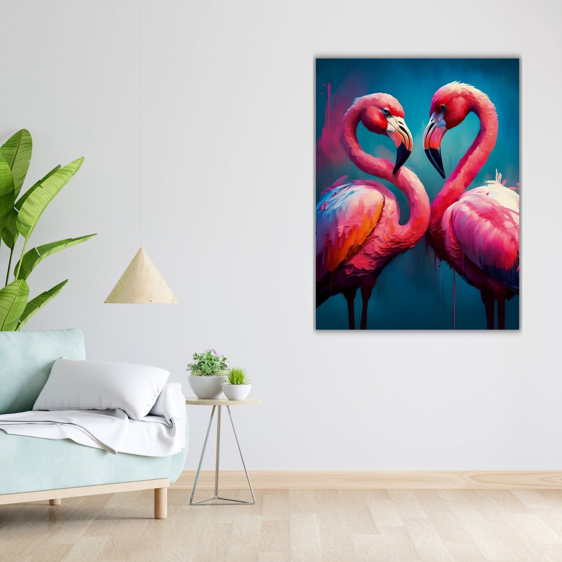 Two Pink Flamingos Heart Shape Vibrant Teal Tropical Wall Poster - Image 4